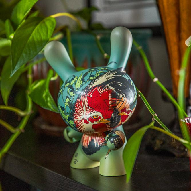 The Met 8" Masterpiece Vinyl Art Dunny - Rooster, Hen and Chicken with Spiderwort by Katsushika Hokusai - Kidrobot