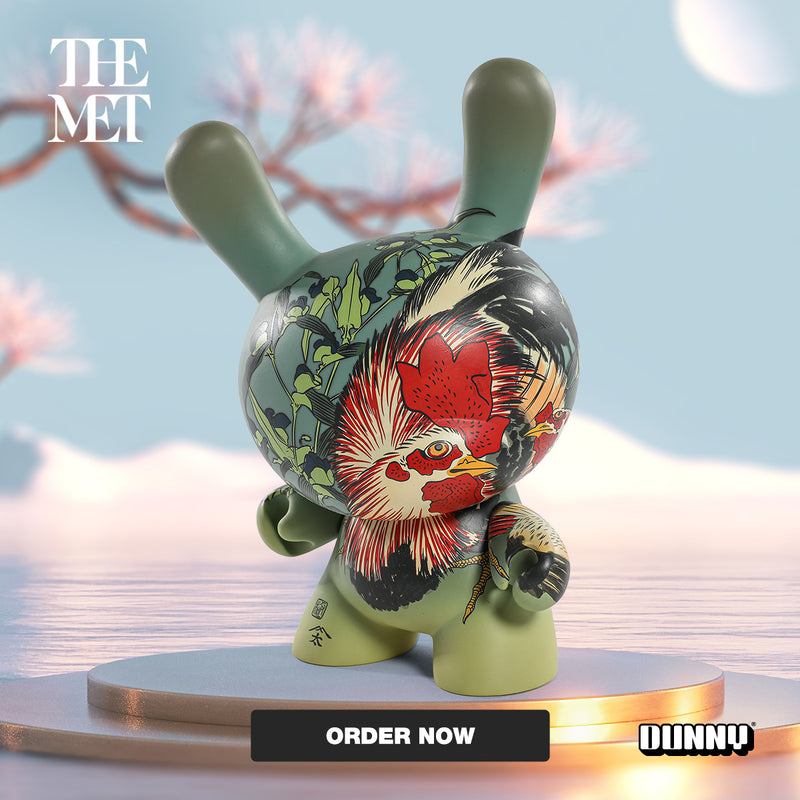 The Met Showpiece Vinyl Art Dunny - Rooster, Hen and Chicken with Spiderwort by Katsushika Hokusai - Kidrobot