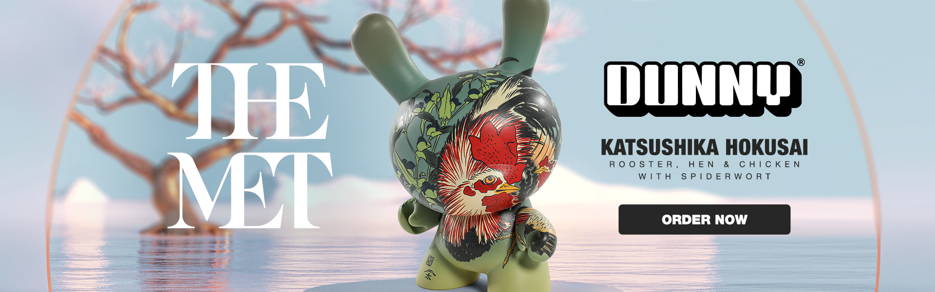 The Met Showpiece Vinyl Art Dunny - Rooster, Hen and Chicken with Spiderwort by Katsushika Hokusai - Kidrobot