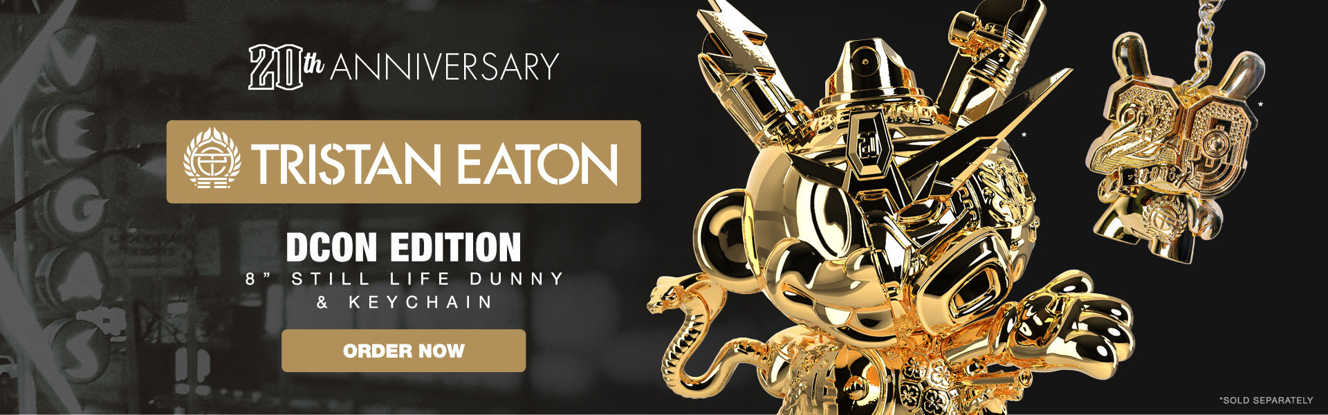 DCON EDITIONS: 20th Anniversary Tristan Eaton Still Life Dunny 8-Inch Art Figure - Montana Gold Edition and Solid Metal Dunny Keychain - Goldchrome Edition