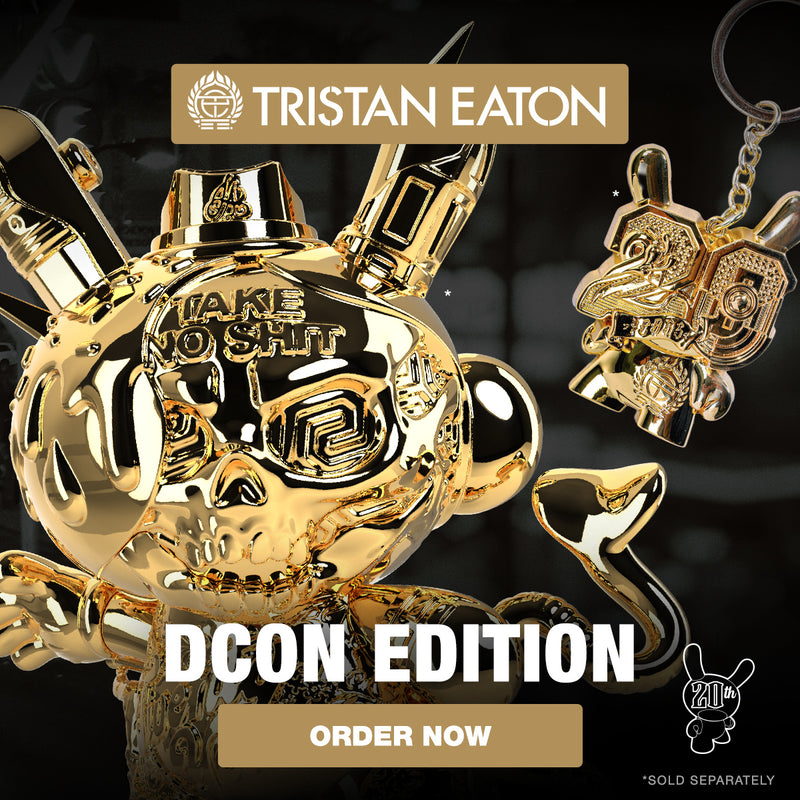 DCON EDITIONS: 20th Anniversary Tristan Eaton Still Life Dunny 8-Inch Art Figure - Montana Gold Edition and Solid Metal Dunny Keychain - Goldchrome Edition