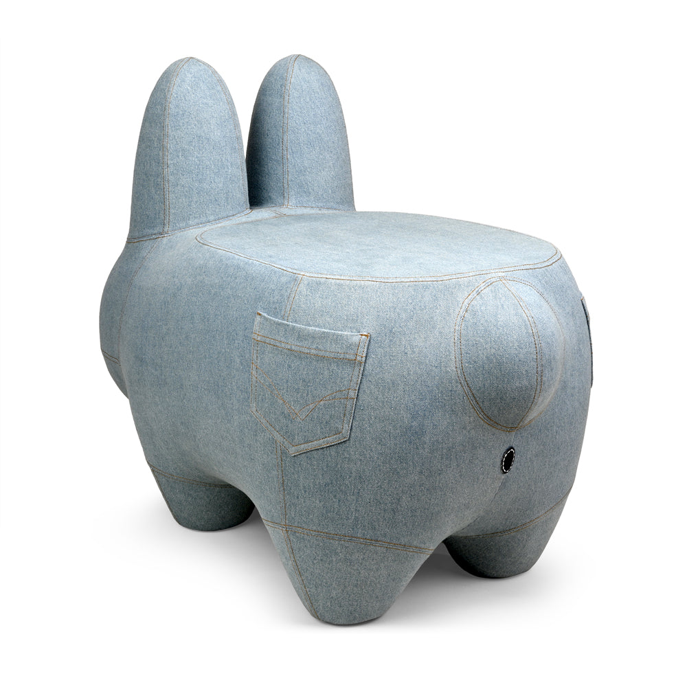 Art Giant Denim Happy Stache' Labbit Stool by Frank Kozik (PRE-ORDER) - Kidrobot - Shop Designer Art Toys at Kidrobot.com