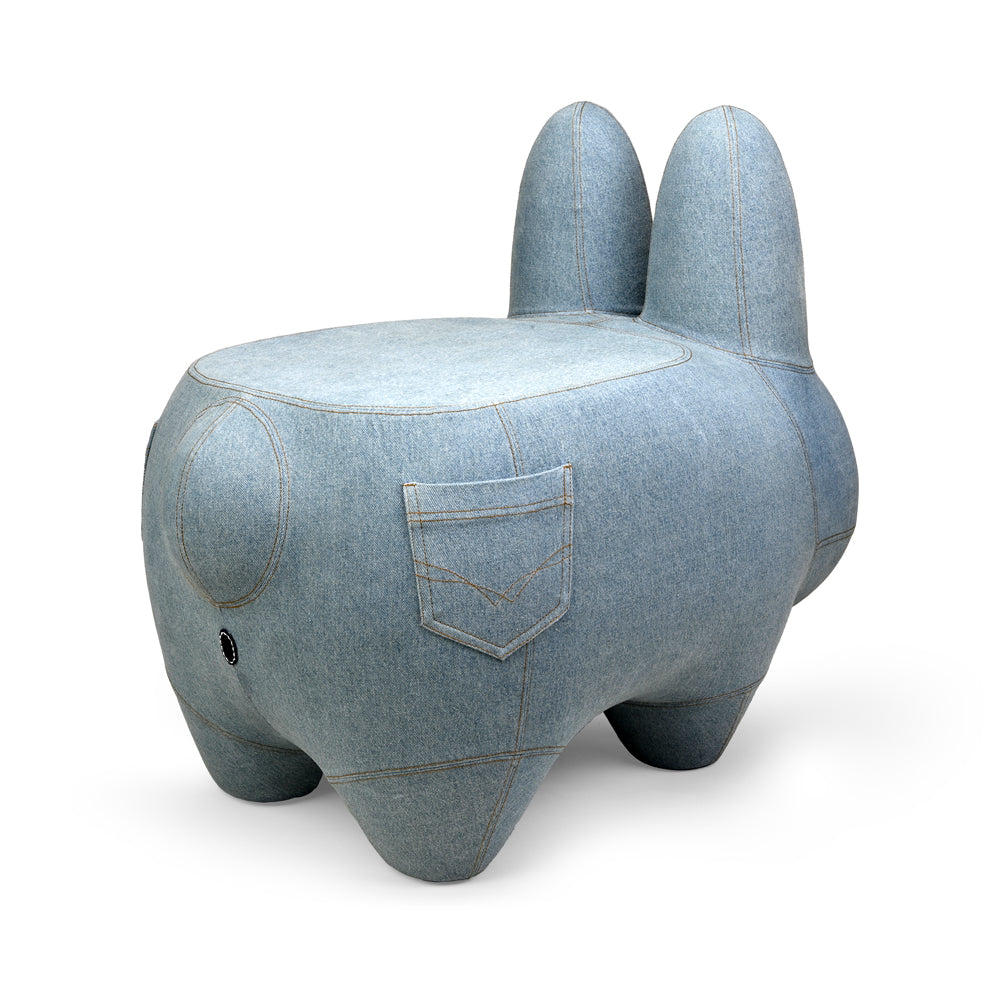 Art Giant Denim Happy Stache' Labbit Stool by Frank Kozik (PRE-ORDER) - Kidrobot - Shop Designer Art Toys at Kidrobot.com