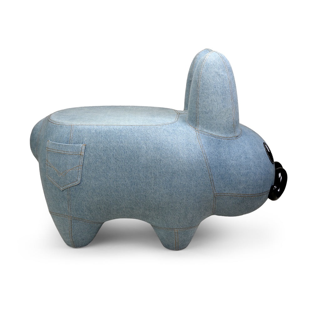 Art Giant Denim Happy Stache' Labbit Stool by Frank Kozik (PRE-ORDER) - Kidrobot - Shop Designer Art Toys at Kidrobot.com