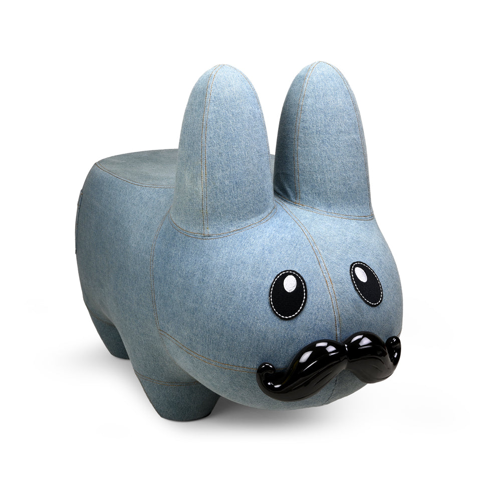 Art Giant Denim Happy Stache' Labbit Stool by Frank Kozik (PRE-ORDER) - Kidrobot - Shop Designer Art Toys at Kidrobot.com